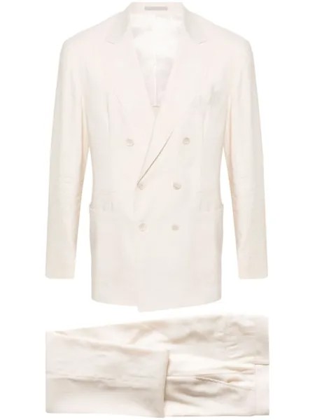 Brunello Cucinelli костюм с двубортным пиджаком из смесового льна, нейтральный цвет