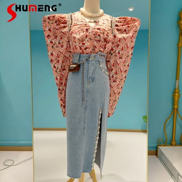 Женская джинсовая юбка с разрезом, элегантная винтажная юбка с карманами, украшенная бисером, в стиле тайланд, весна 2022