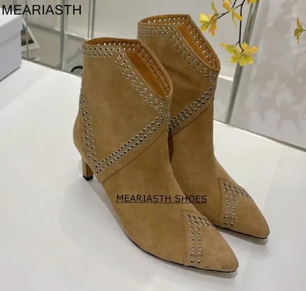 Женские Плиссированные сапоги Meariasth, новые брендовые длинные сапоги до колена с острым носком, обувь на тонком высоком каблуке, зима 2022