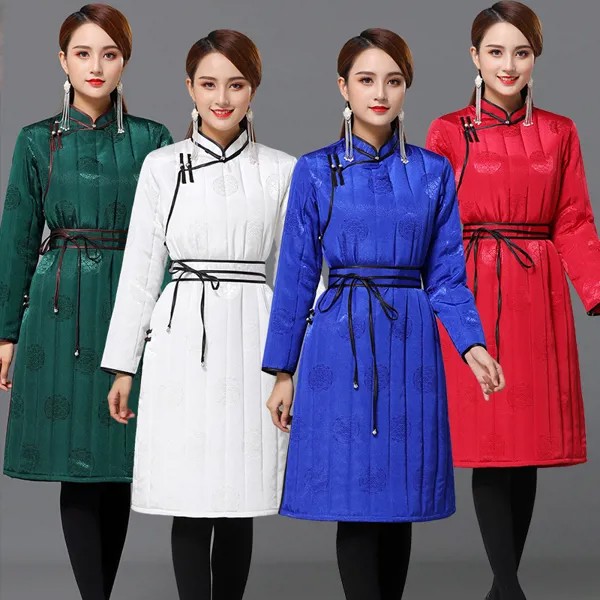 Этническое традиционное платье, женское праздничное платье, зимняя женская хлопковая теплая одежда, монгольский халат, Азиатский костюм