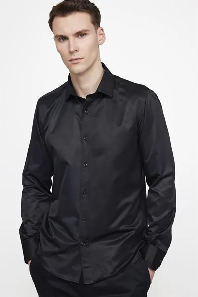 Современная приталенная мужская черная рубашка из атласа и хлопка TUDORS, черный