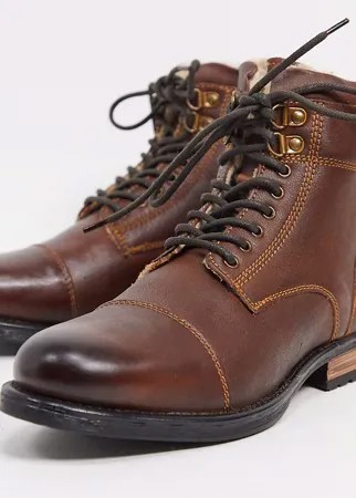Коричневые кожаные ботинки для широкой стопы на шнуровке с подкладкой из искусственного меха Silver Street-Коричневый
