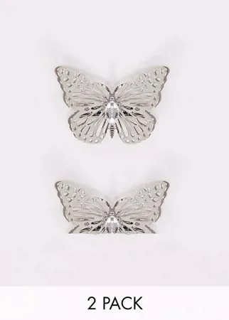Набор из 2 серебристых заколок для волос с крупными бабочками ASOS DESIGN-Серебристый