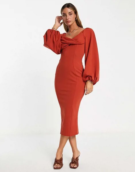 Платье миди рыжего цвета с объемными рукавами, свободным воротом и открытой спиной ASOS DESIGN-Оранжевый цвет