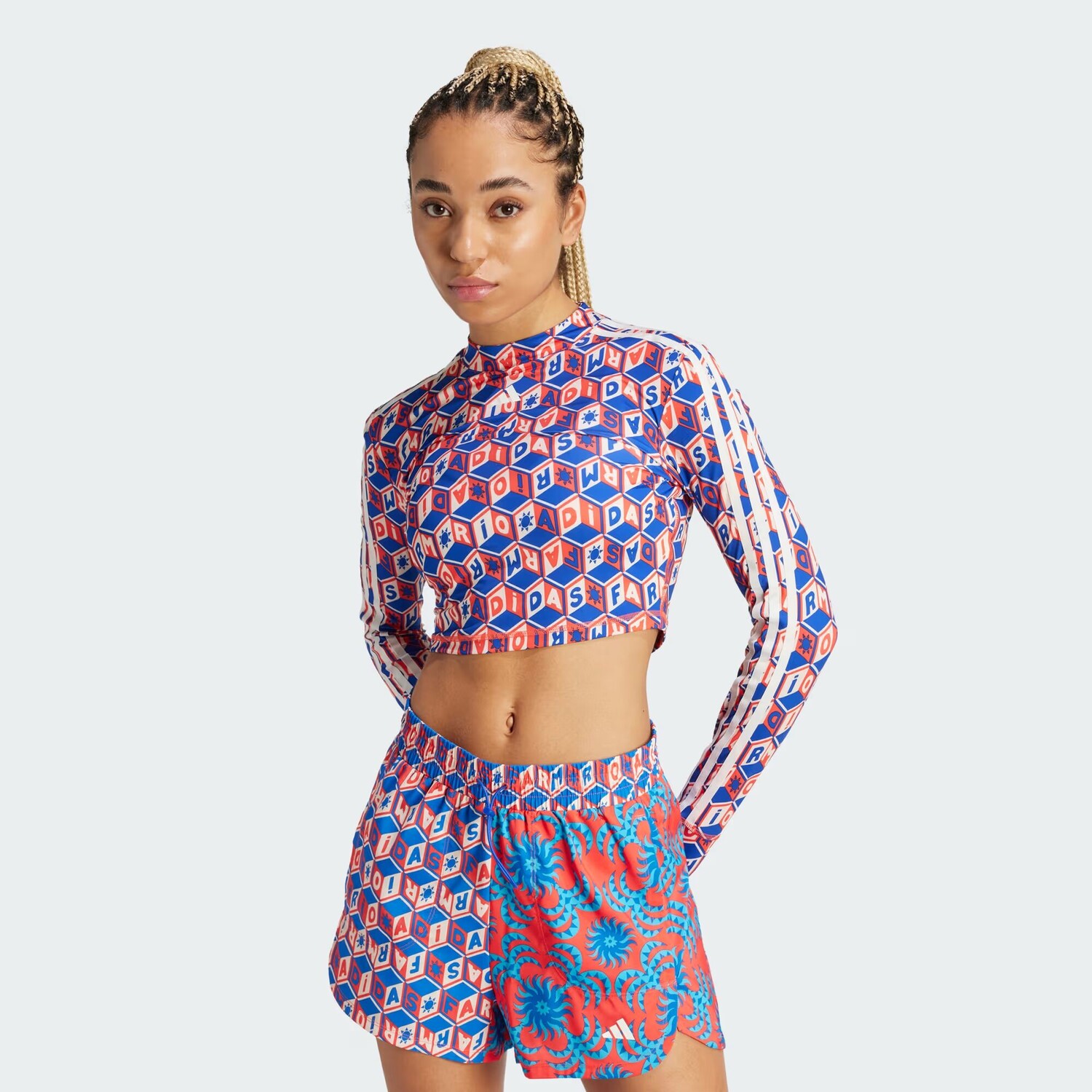Укороченная рубашка с длинным рукавом x FARM Rio Adidas, цвет Bold Blue/Bright Red