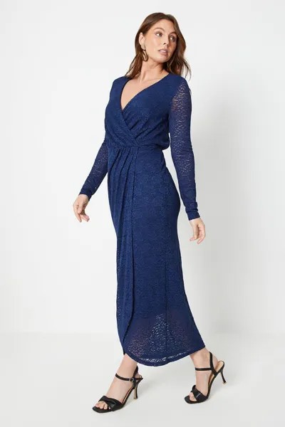 Высокое кружевное платье миди со сборками и запахом Wallis, темно-синий