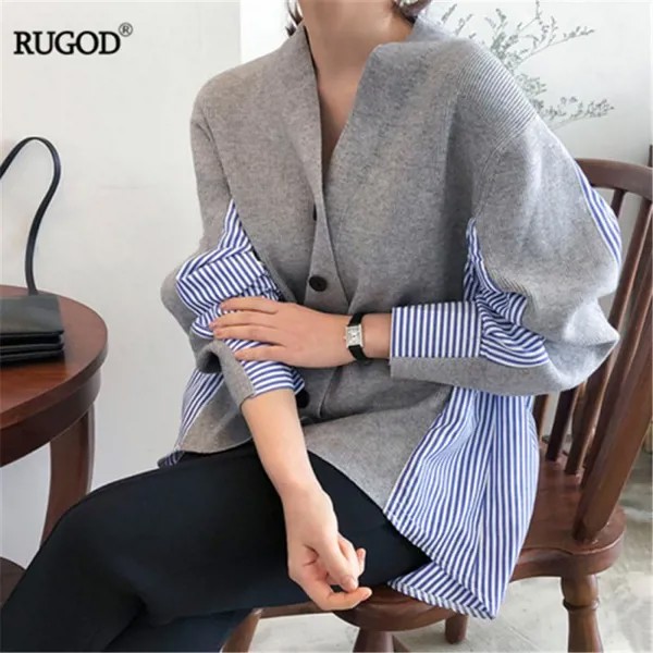 Мода Рубашка Пэчворк Кардиган Женщины Корейский Casual V Шея Длинный Рукав Нерегулярный свитер Осень Зима Кардиган Blusa