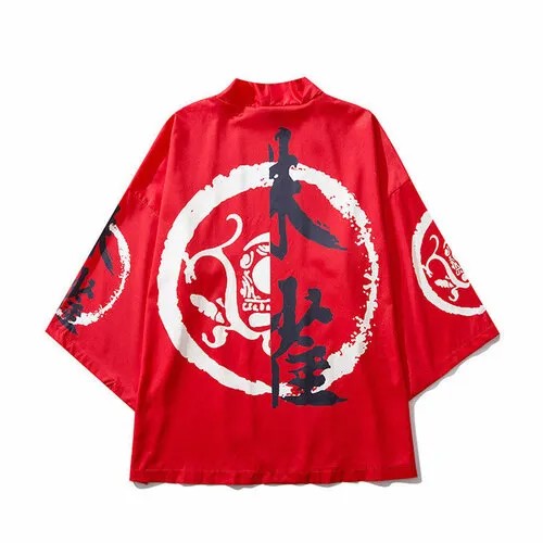 Карнавальные костюмы кардиган шелковый оверсайз кимоно накидка хаори Красный Символ аниме японский стиль Размер L (160-175)