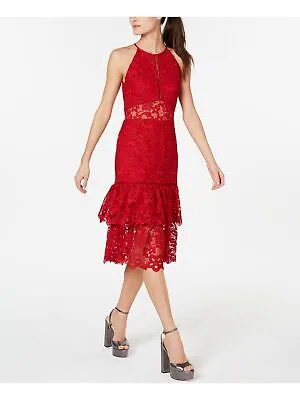 RACHEL ZOE Женское красное коктейльное платье-футляр миди с рюшами и бретельками 2