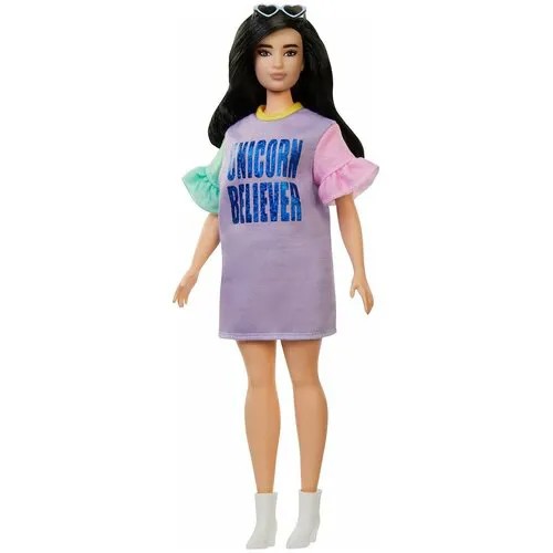 Кукла Barbie Игра с модой Брюнетка в платье с принтом, FXL60