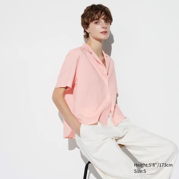 Рубашка UNIQLO льняная с открытым вырезом и короткими рукавами, розовый