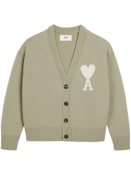 AMI Paris шерстяной кардиган с монограммой Ami de Coeur, зеленый