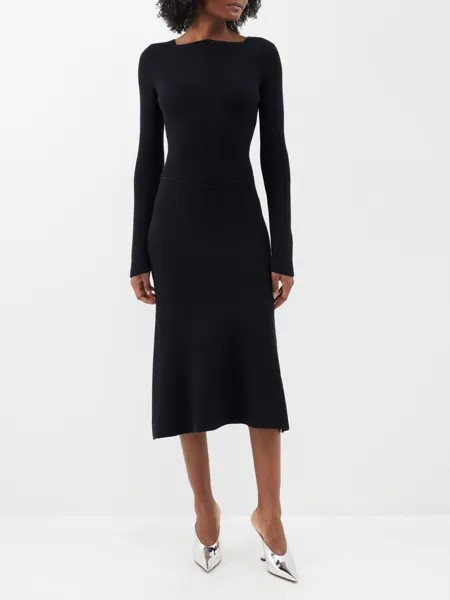 Платье миди ребристой вязки из смесовой шерсти Victoria Beckham, черный