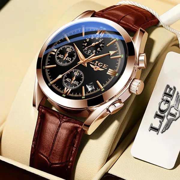 LIGE 2022 Мужские часы Оригинальный кожаный ремешок водонепроницаемый спортивный хронограф наручные часы