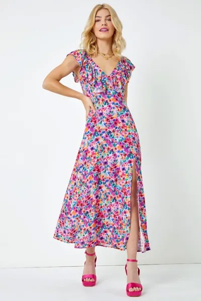 Платье миди с цветочным принтом и рюшами Dusk, розовый