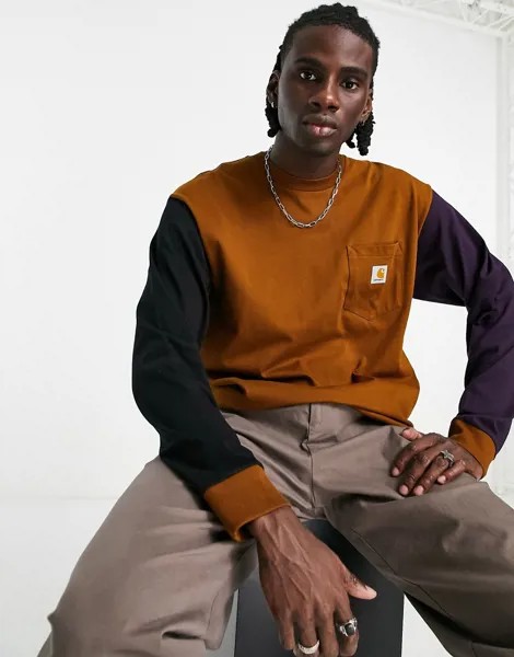 Коричневый лонгслив с карманом и разноцветной отделкой Carhartt WIP-Коричневый цвет