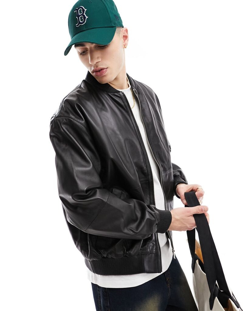 Черная оверсайз-бомбер из натуральной кожи ASOS DESIGN