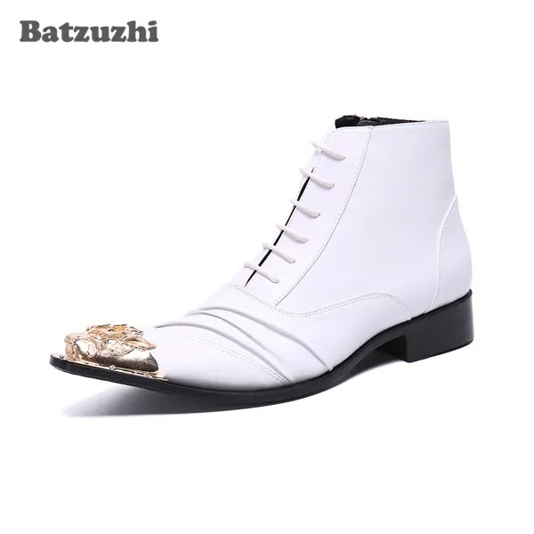 Ботильоны Batzuzhi мужские на шнуровке, модные свадебные Классические полусапожки из натуральной кожи, с железным носком, золотистого цвета, в деловом стиле, 12