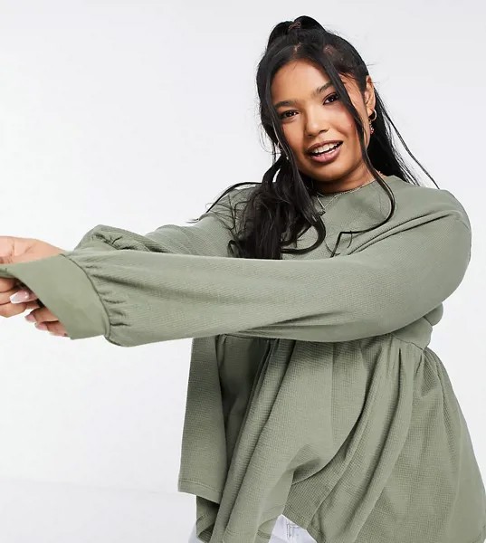 Свободный топ цвета хаки в стиле oversized из вафельного трикотажа ASOS DESIGN Curve-Зеленый цвет