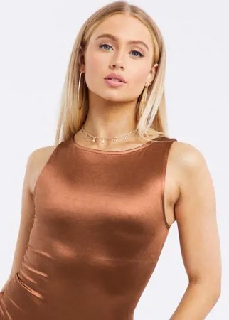 Коричневое атласное боди ASOS DESIGN-Коричневый цвет