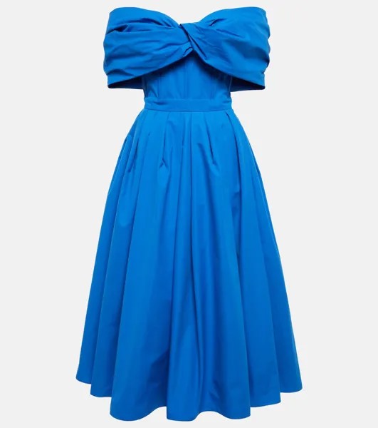 Платье миди из хлопкового поплина с открытыми плечами ALEXANDER MCQUEEN, синий