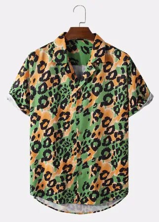 Мужские Revere Collar Leopard Street с коротким рукавом Рубашка
