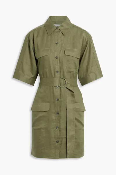 Льняное платье-рубашка мини с поясом Equipment, зеленый шалфей