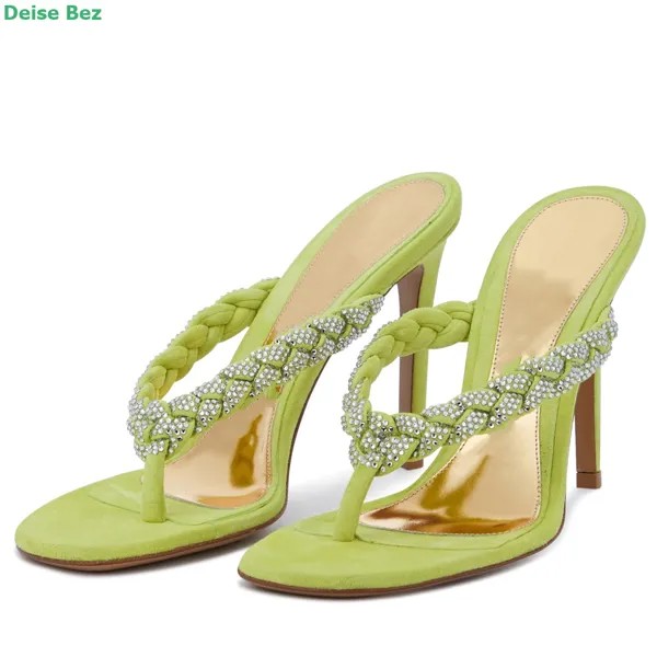 Зеленые шлепанцы с кристаллами, плетеные дизайнерские сланцы с квадратным носком на тонком высоком каблуке, однотонные Простые Модные повс...