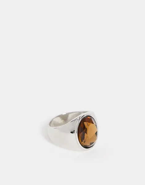 Серебристое кольцо-печатка на мизинец с камнем коньячного цвета ASOS DESIGN-Серебристый