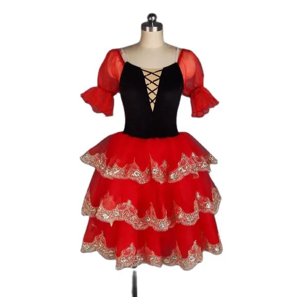 20537 длинная балетная танцевальная тушь, Костюм Балерины для девочек, бархатный лиф с 3 многоярусными романтическими Юбками-пачками, женское Красное испанское платье