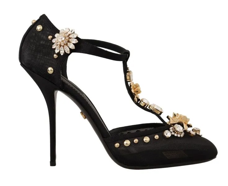 DOLCE - GABBANA Shoes Черные туфли-лодочки на каблуке с Т-образным ремешком и сетчатыми кристаллами EU39/US8,5 $2200