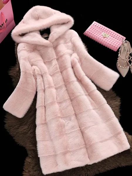 Milanoo Faux Fur Coat Hooded Long Sleeve Pink Winter Coat For Women