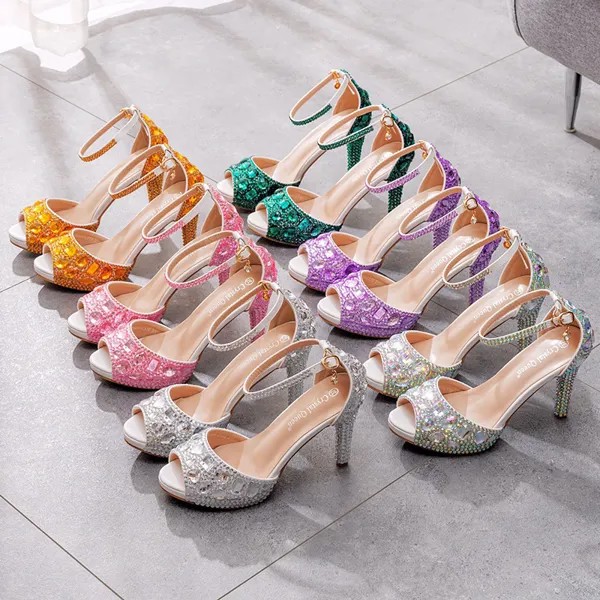 4 дюймовые европейские свадебные туфли женские зеленые фиолетовые туфли Стразы босоножки на шпильке свадебные туфли на высоком каблуке