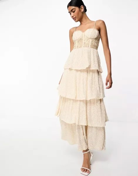 Свадебное платье макси цвета слоновой кости с пайетками и кружевным корсетом Never Fully Dressed