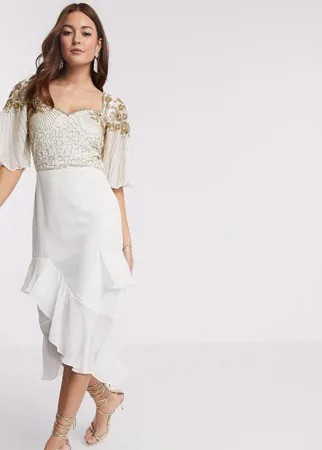 Декорированное платье миди с рукавами-оборками Virgos Lounge-Белый