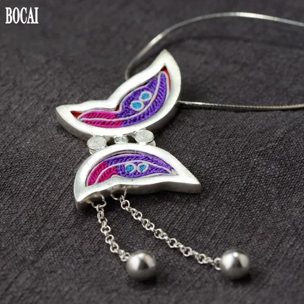Новый однотонный кулон BOCAI из чистого серебра пробы с ручной вышивкой, Литературная бабочка, Длинная кисточка, цепочка до ключиц, женский ку...