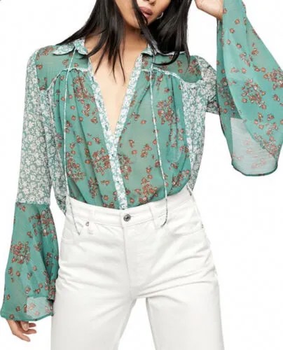 Free People Serena Прозрачная блузка с цветочным принтом и рукавами-колокольчиками Изумрудного цвета S 98 долларов США