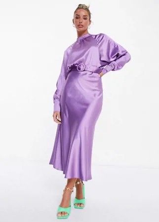 Атласное чайное платье миди сиреневого цвета с длинными рукавами, асимметричным кроем и поясом ASOS DESIGN-Фиолетовый цвет