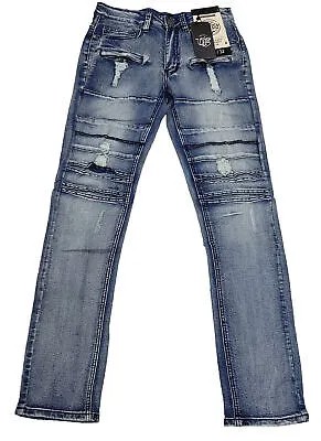 Синие рваные байкерские джинсы OPS среднего размера с эффектом потертости