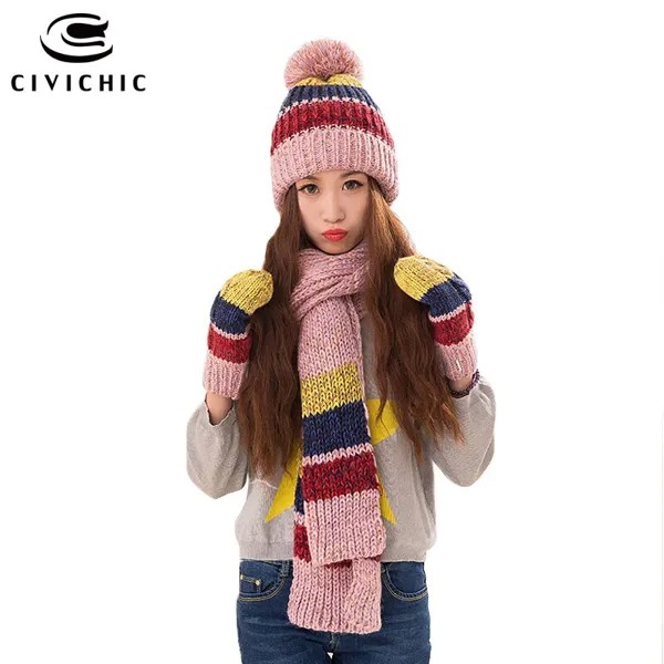 Популярный Модный корейский женский зимний теплый комплект, вязаная шапка, шарф, перчатки, разноцветная Толстая шаль, шапка с помпоном, Поло...