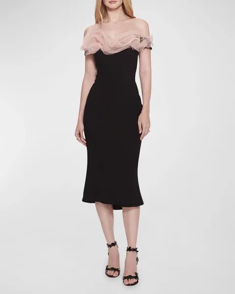 Приталенное платье миди с рюшами на вырезе Marchesa, цвет Black Peach