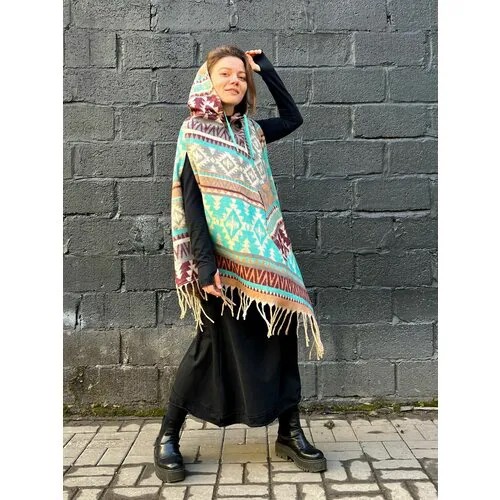 Пончо  Dikovina, размер free size, бирюзовый, бежевый