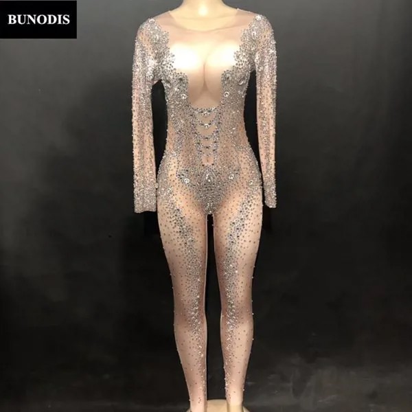 ZD251 женский сексуальный комбинезон телесного цвета, боди с блестящими кристаллами, 3D печать на груди, для ночного клуба, для вечеринки, для в...