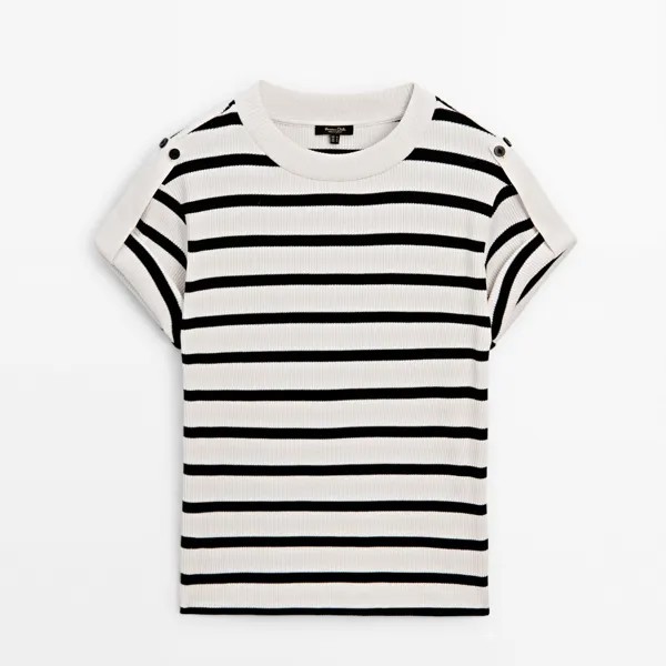 Футболка Massimo Dutti Striped Ribbed With Buttoned Shoulder Detail, кремовый