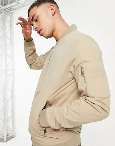 Jack & Jones Essentials — бежевый бомбер на молнии