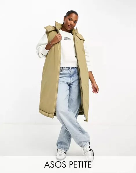 Удлиненный жилет из ткани выцветшего хаки ASOS DESIGN Petite