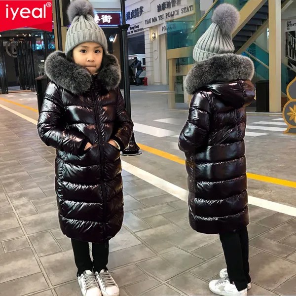 Зимняя теплая куртка на белом утином пуху для девочек IYEAL, водонепроницаемая одежда для мальчиков, пальто с капюшоном из натурального меха для детей, парка на-30 градусов