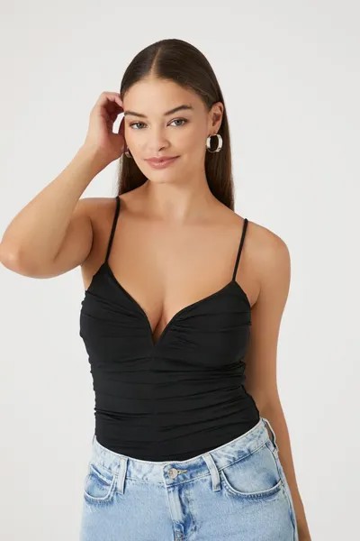 Боди на бретельках со сборками и V-образным вырезом Forever 21, черный