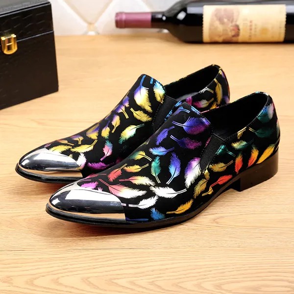 Мужская обувь остроконечный металлический носок разноцветная перьевая печать на плоской подошве слипоны мужская повседневная обувь мужская обувь
