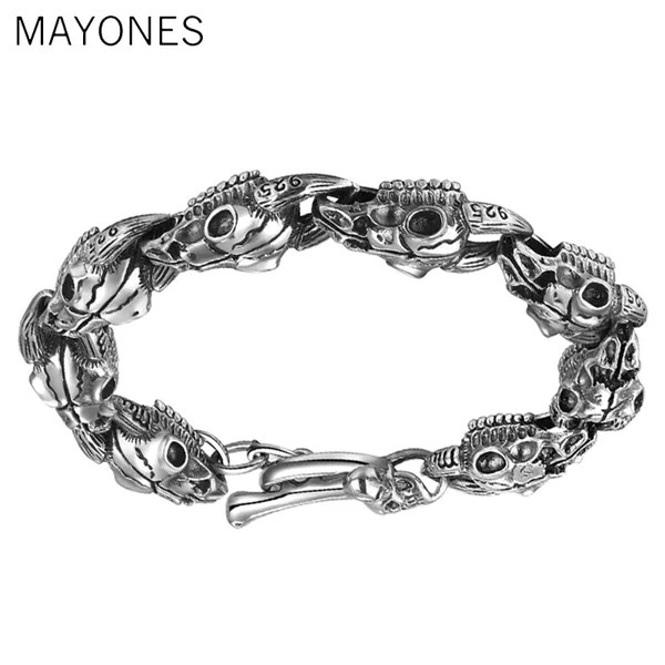 Мужской браслет MAYONES в стиле панк, Череп, голова овцы, Однотонный женский серебряный браслет для мужчин, Байкерский винтажный тайский серебряный браслет, ювелирные изделия 21 см